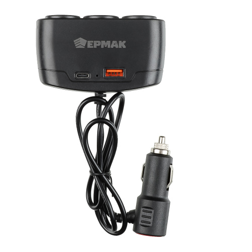 Разветвитель прикуривателя 3-ой +1 выход USB, 60 W, 2.1А,12/24В, пластик ЕРМАК 